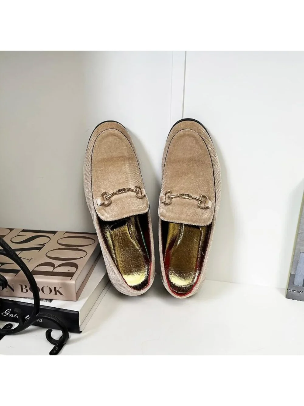 LCQL Men's Khaki Leather Velvet Loafer Gold Buckle Slip On Comfortable Shoes